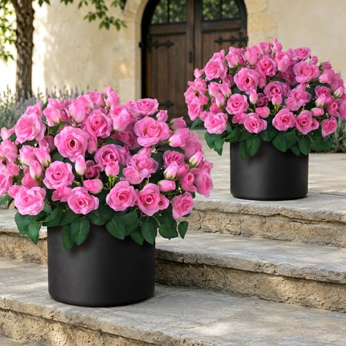 Juxdp 2 Set of Artificial Rose Topiary Trees - Faux Silk Flower Potted Plant, UV Resistant Fake Outdoor Rose Bush for Front Door, Farmhouse, Porch, Garden Decor (Pink) - color: Pink
