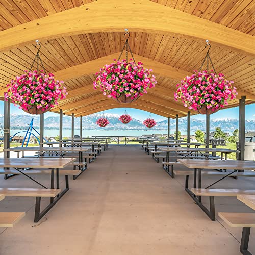 Ammyoo Artificial Hanging Flowers in Basket for Patio Garden Porch Deck Spring Summer Decoration, Artificial Daisy Arrangement,Fake Plants in 12 inch Coconut Lining Basket for Outdoor/Indoor(Pink) - color: Pink