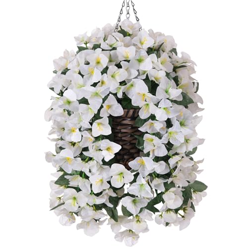 Ivydale Bougainvillea Artificial Hanging Fake Flowers with Basket for Outdoors Decoration, Faux Silk Flowers UV Resistant Fake Plants Long Vines Realistic for Outside Front Door Porch Patio, White - color: White