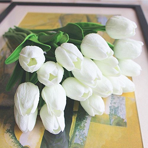 PU Fake Tulips Real Touch Artificial Flowers 10Pcs Flower Arrangement Bouquet for Home Office Wedding Decoration (White) - color: White