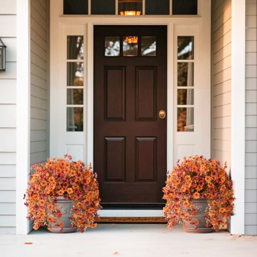 Homsunny Artificial Faux Mums Fall Flowers for Outdoor Outside Decoration, 2 PCS Fake Silk Daisy Flower Plants Realistic UV Resistant for Home Porch Balcony Patio Autumn Decor (Orange Brown - color: Orange Brown