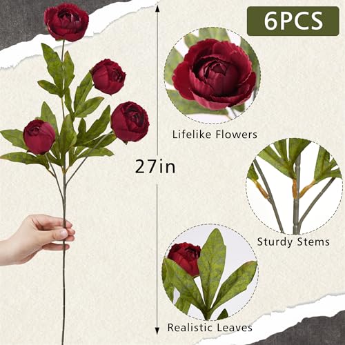 Waipfaru 6 Pcs Faux Peonies Artificial Flowers for Vase, 27" Fake Silk Peonies Flowers for Wedding, Vase Filler Flowers for DIY Bouquets Centerpieces Bridal Shower Office Decor- Burgundy - color: Burgundy, size: 6Pcs