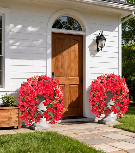 HyeFlora Bougainvillea Artificial Hanging Flowers Plants for Outdoors Decoration, 2pcs Red Fake Flowers Silk Bougainvillea Vines Realistic UV Resistant Faux Flowers for Outside Planters Porch Patio - color: Red