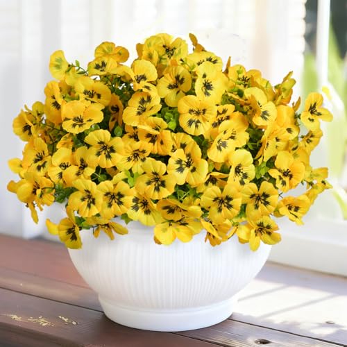 SupBri 12 Bundles Artificial Flowers for Outdoor, UV Resistant Fake Pansy Flowers, Silk Faux Fowers for Outdoor Planters Home Garden Office Patio Front (Yellow) - color: Yellow