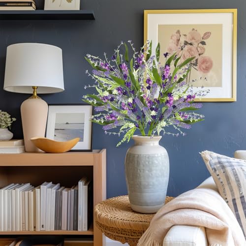 Giegxin 6 Bundles Fake Artificial Flowers Bouquet Spring Silk Flowers Arrangements Faux Wildflowers Bouquets Stems Fake Plants for Wedding Table Centerpiece Rustic Home Vase Floral Table(Lavender) - style: Lavender
