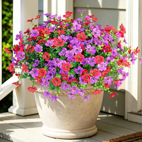 Ammyoo Artificial Fake Plants Flowers for Outdoor Spring Summer Decor, 12 Bundles Faux Silk Daisy for Planter Pot Colorful UV Resistant Look Real for Front Door Porch Patio Outside Yard(Purple Red) - color: Purple Red
