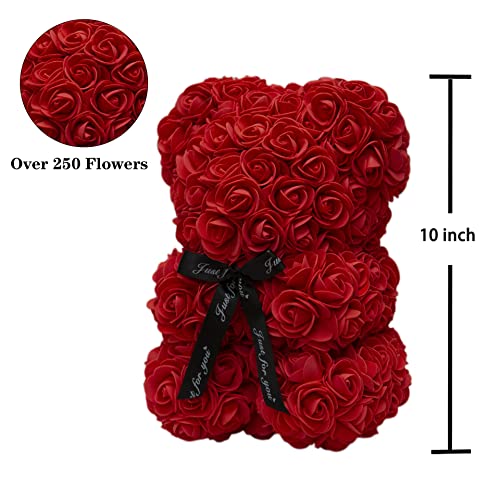 DuHouse Rose Bear Rose Teddy Bear Flower Gift Black Box for Valentines Gifts Anniversary Christmas,Birthdays Bridal Showers -Fully Handmade 10 inch Flower Bear Clear Gift Box(Red) - color: Red
