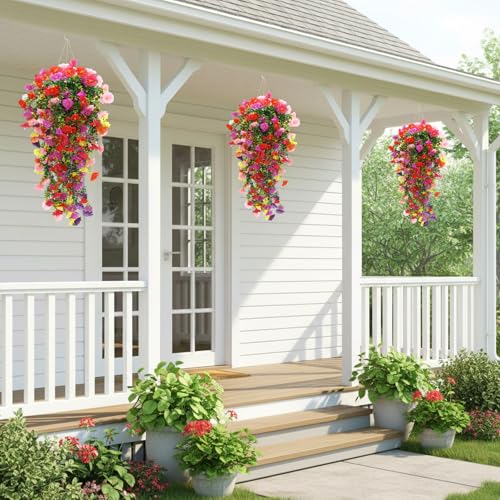 CEWOR 4pcs Artificial Hanging Plants for Outdoor, Fake Flowers Faux Silk Morning Glory with Eucalyptus, UV Resistant Realistic Faux Flower Greenery for Outside Indoor Home Porch Patio Decor - color: Multicolor Morning Glory