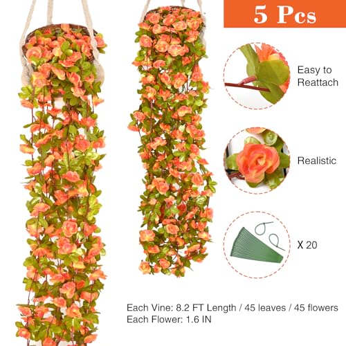 BLEUM CADE 5Pcs 41Ft Flowers Garland Artificial Rose Vines for Bedroom, Cute Fake Hanging Flower Vines Floral Garland Decorations for Wedding Party Wall Room Decor Aesthetic - color: Orange, size: 5 Pcs