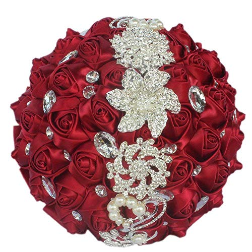 Wedding Bouquets Crystal Satin Rose Bride Bridal Bouquet Romantic Bridesmaid Holding Flower for Valentine's Day Confession Party Church Decor (Wine Red) - color: Wine Red