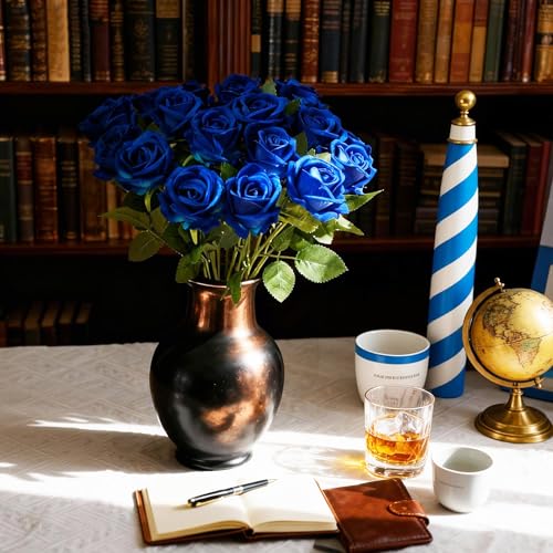 Kenpal Realistic Fake Roses Artificial Flowers with Stem for Decoration Floral Arrangement Centerpieces Wedding Bouquets (10, Blue) - color: Blue