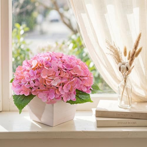 Artificial Hydrangea Flowers Arrangement in Wood Planter, 4PCS Fake Pink Flowers in Wooden Vase Potted Floral Centerpieces for Tables Living Room Home Office Room Shelf Kitchen Decor - color: Pink Hydrangea