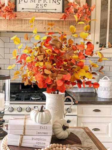 Beferr Fall Eucalyptus Stems Christmas Decor - 5Pcs 32" Tall Faux Eucalyptus Leaves Pumpkins Branches Autumn Thanksgiving Farmhouse Harvest Fireplace Table Centerpiece Home Decorations - color: Pumpkin Eucalyptus
