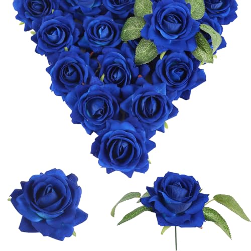Blue Roses Artificial Flowers 16pcs Royal Blue Flowers Artificial Roses with Stems 3.15" Fake Roses for Bridal Bouquet Wedding Flowers for Floral Centerpieces - color: 3.15" Blue