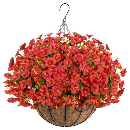 Artificial Hanging Flowers with Basket for Outdoors, UV Resistant Faux Silk Morning Glory with Eucalyptus Realistic Fake Hanging Plants for Spring Summer Outside Decor (Red) - color: Red