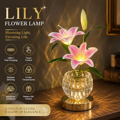 Lily Flower Lamps, 3 Colors Touch Stepless Dimming Glass Night Light, Rechargeable Artificial Flower Light, LED Flower with Vase Lamp Romantic Decor for Date Party Home (Pink - Lily) - color: Pink - Lily