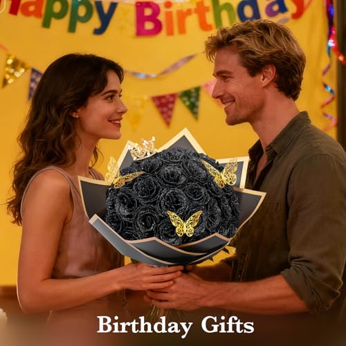 Waipfaru Black Glitter Roses Bouquet, DIY Flowers Bouquet, Birthday Gifts for Women Mom Grandma Wife Girlfriend, 24 Pcs Fake Rose for Valentines, Mothers Day, Anniversary, Graduation Gifts - color: Black, size: 24pcs