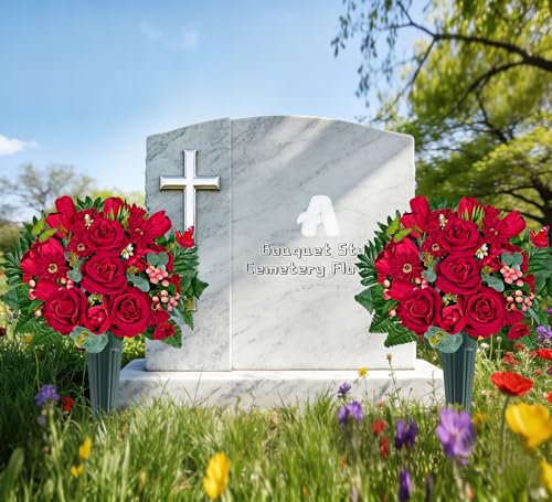 Silk Cemetery Flowers for Grave with Vase, Artificial Grave Flower for Cemetery Vase, Memorial Day Flowers for Headstones:Red Rose,Tulip,Look Real,No Fading