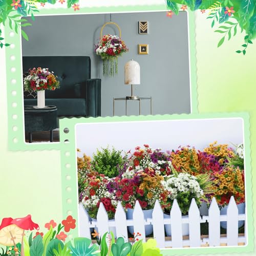 Thiccywoov 60 Pcs Artificial Outdoor Flowers UV Resistant Faux Plastic Plants Bulk Mixed Lavender Baby's Breath Eucalyptus Daisy Greenery Stems for Garden Patio Porch Window Box Home Wedding Decor