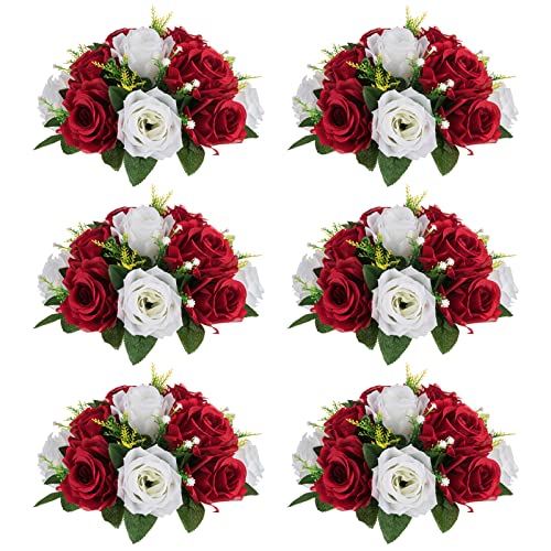 NUPTIO Artificial Flower Centrepieces for Tables - 6 Pcs Crimson & White Fake Flowers Roses Balls 9.5in Diameter - Silk Faux Rose Arrangement for Wedding Party Centerpiece Table Decorations | 6 Pcs 9.5 inch Floral Balls Arrangement for Wedding Birthday Pa