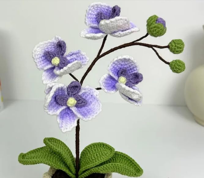 Handmade Crochet Phalaenopsis Orchid Potted Plants Knitted Artificial Orchid Phalaenopsis Flowers with Exquisite Pot for Home Office Wedding Table Centerpiece Decoration,Purple - color: Purple