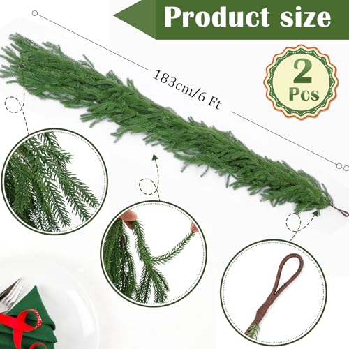 Hananona 2 Pcs 6 Ft Artificial Norfolk Pine Garlands, Real Touch Winter Pine Garland, Green Artificial Greenery Garland for Table, Mantle, Wall, Indoor, Outdoor Christmas Decorations (2, 6 FT) - size: 6 ft