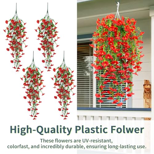 4 Pack Artificial Faux Hanging Flowers Plant for Outdoor, Fake Silk Morning Glory with Eucalyptus UV Resistant Realistic Trailing Vine for Wall Home Porch Patio Balcony Yard Indoor Decor, Red - color: Red