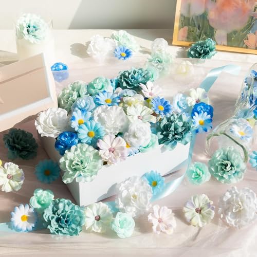 ATTGREAT 310 Pcs Fake Flower Heads Mini Artificial Flower Bulk Silk Flowers for Decoration Small Faux Flower Heads Fabric Daisy Buds Floral for Crafts DIY Wedding Party Baby Shower Home Decor, Blue - color: Blue