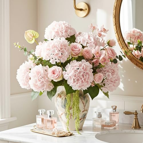 Auihiay 10PCS Faux Hydrangea Flowers, Lifelike Pink Hydrangeas Bouquets, Hydrangea Artificial Flowers for Wedding Centerpieces, DIY Bouquets, Bridal Shower, Home Decor, Mother's Day, Garden (Pink) - color: Light Pink