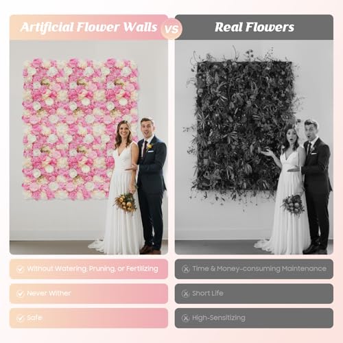 PERFERATE 12Pcs Flower Wall Panel Set 15x15 Inch Artificial Silk Flower Wall Backdrop 3D Rose Hydrangea Floral Mat Wedding Backdrop Wall, Photo Background, Home Party (Pink+White, 15 × 15") - color: Pink+White
