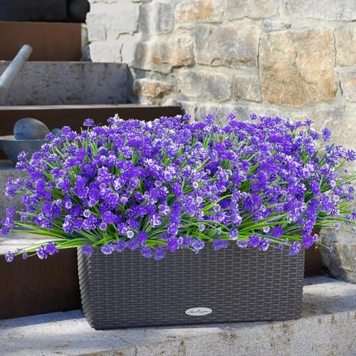 6 Bundles Artificial Flowers for Outdoors Fake Plastic Plants Faux Shrubs Greenery UV Resistant for Spring Summer Garden Patio Window Box Office Table Kitchen Home Decoration (Purple) - color: 6bundles--flower Purple
