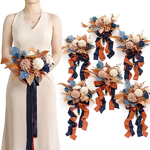 Ling's moment Artificial Bridesmaid Bouquets Set of 6,Brown Wedding Flower Bouquets Navy Blue Floral Bouquet Bridal Bouquets with Ribbon Ceremony Anniversary,7-inch Diameter - color: Or-orange & Navy Blue