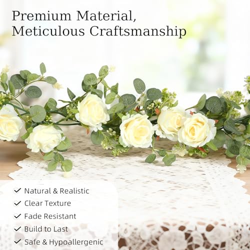 Lewondr Artificial Eucalyptus Garland with Flower - 8 Roses, 6FT Faux Floral Greenery Garlands Fake Flowers Vines, Maintenance-Free for Wedding Table Backdrop Party Centerpiece Room Decor, Champagne - color: Champagne Color, size: 1 Pack