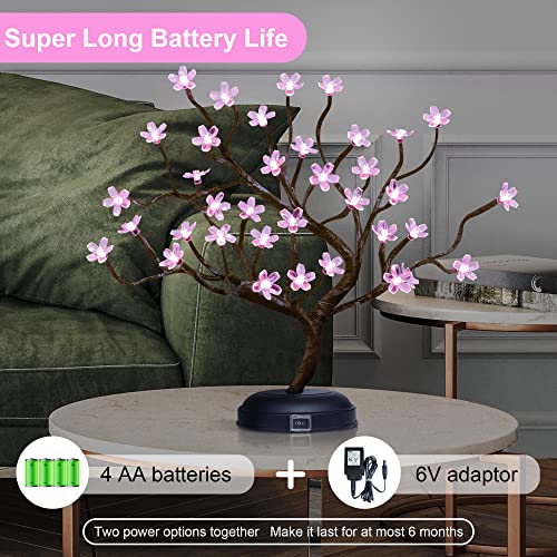 Lighted Cherry Blossom Tree Lamp 18IN Tree Lights with 36 LED, Japanese Cherry Blossom Decor for Indoor and Outdoor, Adapter Plug in/ Battery Powered Tabletop Lamp, UL Listed, Pink White