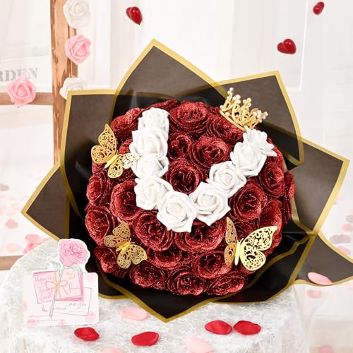36+20 Glitter Roses Bouquet, DIY Fake Flowers Bouquet, Craft The Initials of Your Loves' Name with Artificial Rose Bouquet for Valentines, Anniversary, Wedding, Red & White - color: Red & White