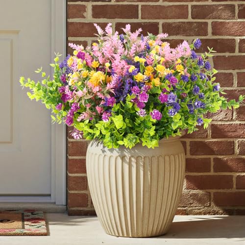 CEWOR Artificial Flowers for Outdoor Indoor, Fake Multiple Color Flowers, Faux Flower for Garden Front Door Porch Planter Patio Home Decor (12 Bundles, Purple Fuchsia Pink Yellow) - color: Multi Color