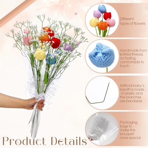 Suncalla 6 Bundle Mother's Day Crochet Flower Bouquet Handmade Crochet Rose Artificial Babys Breath Puff Flowers Bouquet Gift for Woman, Graduation Supplies(Multicolor,Tulip) - color: Multi Color, style: Tulip