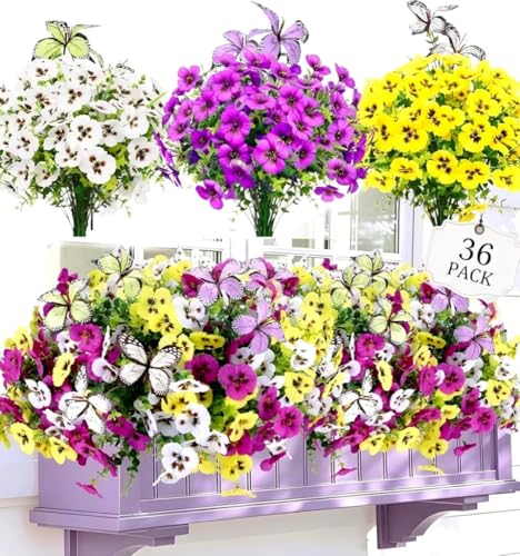 Geegoods Extra Full 36 Stems Artificial Pansies Flowers for Outdoor with 6 Pcs Butterflies, UV Resistant Faux Flowers for Hanging Baskets Window Box Porch Garden Summer Decor - color: Purple White Yellow, size: 36PCS with Butterfly