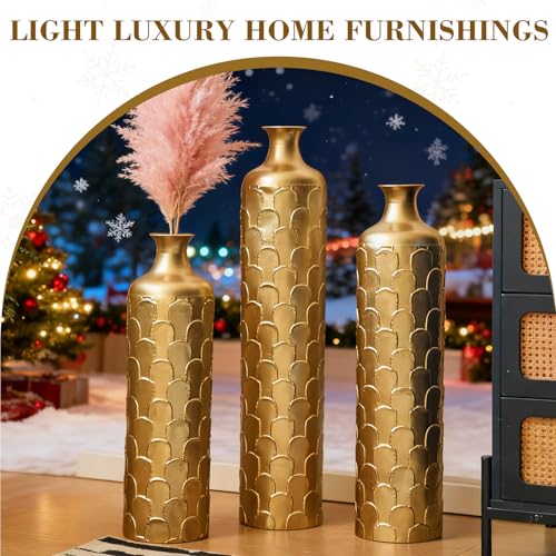 Metal Floor Vases Decorative, Set of 3 Flower Arrangement Stand, Metal Decorative Vase Tall Distressed Metallic Centerpiece Vases, 34.25", 29.33", 25.2" H (Gold1) - color: Gold1