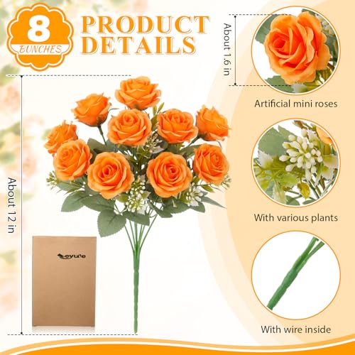 Zeyune 8 Pack Artificial Mini Orange Roses, 12 Inch Fake Flowers with Stems, 80 Small 1.6 Inch Flower Heads, Silk Mini Rose Bouquets for Wedding Centerpieces, Bridal Bouquets, Home Party Decor - color: Orange