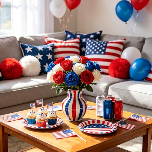 15PCS Red Blue White Artificial Flowers Fake Roses, Silk Artificial Patriotic Flowers with Stems Realistic Bouquets for 4th of July Decorations Independence Day Home Decor Party Crafts DIY - color: Red-blue-white