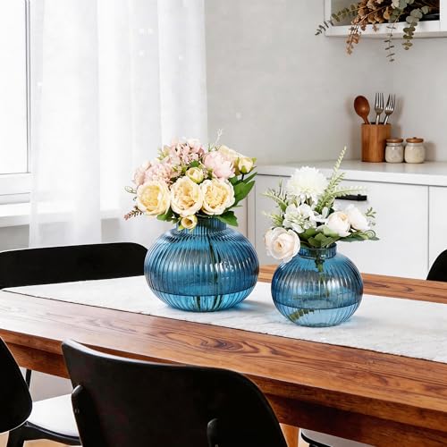 Blue Glass Vases for Tulips, Set of 2, Flower Vases for Bouquet, Ribbed Glass Vase for Flowers, Short Vase for Living Room, Office, Coffee Table, Shelf, Wedding - color: Blue, size: Round+Medium