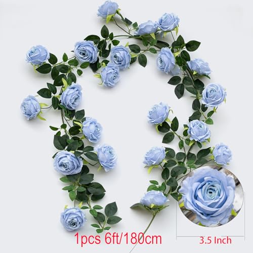 2Pcs 12Ft Bendable Artificial Flower Garland Faux Rose Vine Hanging Floral Garland for Wall Decor Trellis Fence Home Room Garden Wedding Decoration(Blue, 2pcs) - color: Blue, size: 2pcs
