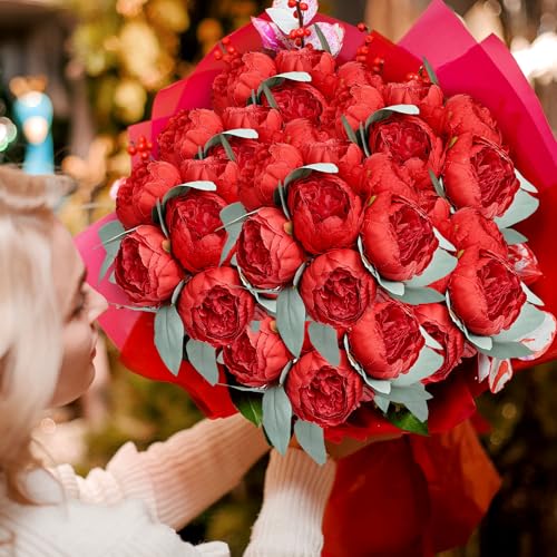 Artificial Peonies Flowers Bulk, 50Pcs 4’’ Red Peonies Fake Silk Flowers Heads for Table, Faux Peony Arrangements for Wedding, Valentine, Engagement, Party, Coffee, Dining Decorations(Red) - color: Red