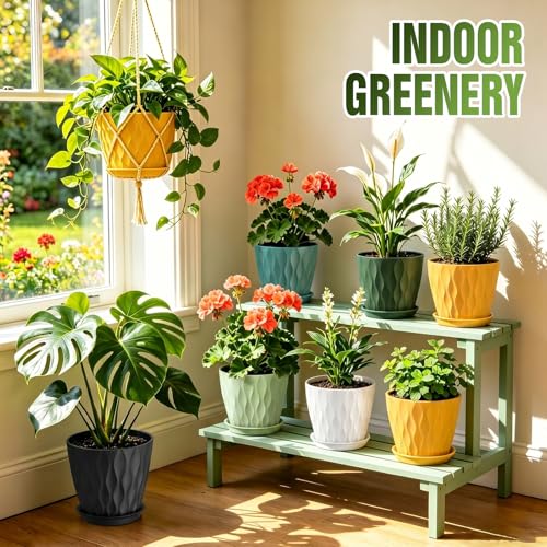 8 Inch Wave Plant Pots with Drainage Holes & Saucers, 4 Pack Modern Textured Medium Planters for Indoor Outdoor Plants, Decorative Flower Pots Repotting Set for Flowers, Herbs (White) - color: White