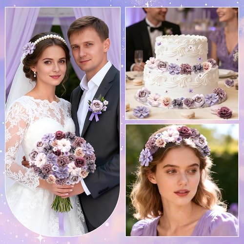 rongflower Faux Flower Heads Small Silk Artificial Flower DIY Fake Mini Flowers Rose Daisy Multicolor Flowers Craft Supplies for Wedding Party Wreath Graduation Season Party Home Decor (45, Purple) - color: Purple