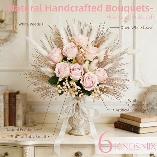 Dried Pampass Fake Roses Bouquet Fluffy Dried Feather with Reeds Bunny Tails Baby Breath Artificial Flowers for Wedding Bride's Bouquet Home Livingroom Pink Boho Decor Table Centerpieces