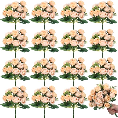 Zeyune 16 Bunches 12 Inch Champagne Artificial Mini Rose Bouquet, Total 160 Heads Fake Silk Rose Flowers Bulk, Bridal Bouquet for Wedding, Bridal Shower, Home & Office Table Decor - color: Champagne