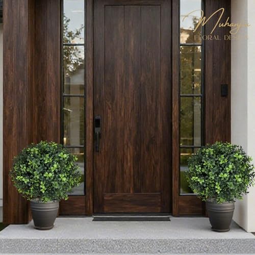 Muhanjia Artificial Boxwood Topiary Ball,Set of 2,UV Resistant Artificial Shrub Bushes with Ground Spike,Fake Evergreen Plant Easy to Insert in Ground for Porch Outdoor Indoor (Boxwood) - color: Boxwood