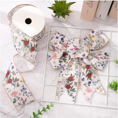JarThenaAMCS Vintage Floral Wired Ribbon 2.5 Inch Wildflower Ribbon for Bow Wreath Craft Gift Wrap Spring Holiday Wedding Birthday Party Home Decor
